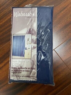 Wabasso Signature fabric shower curtain, liner, weighted hem, navy blue